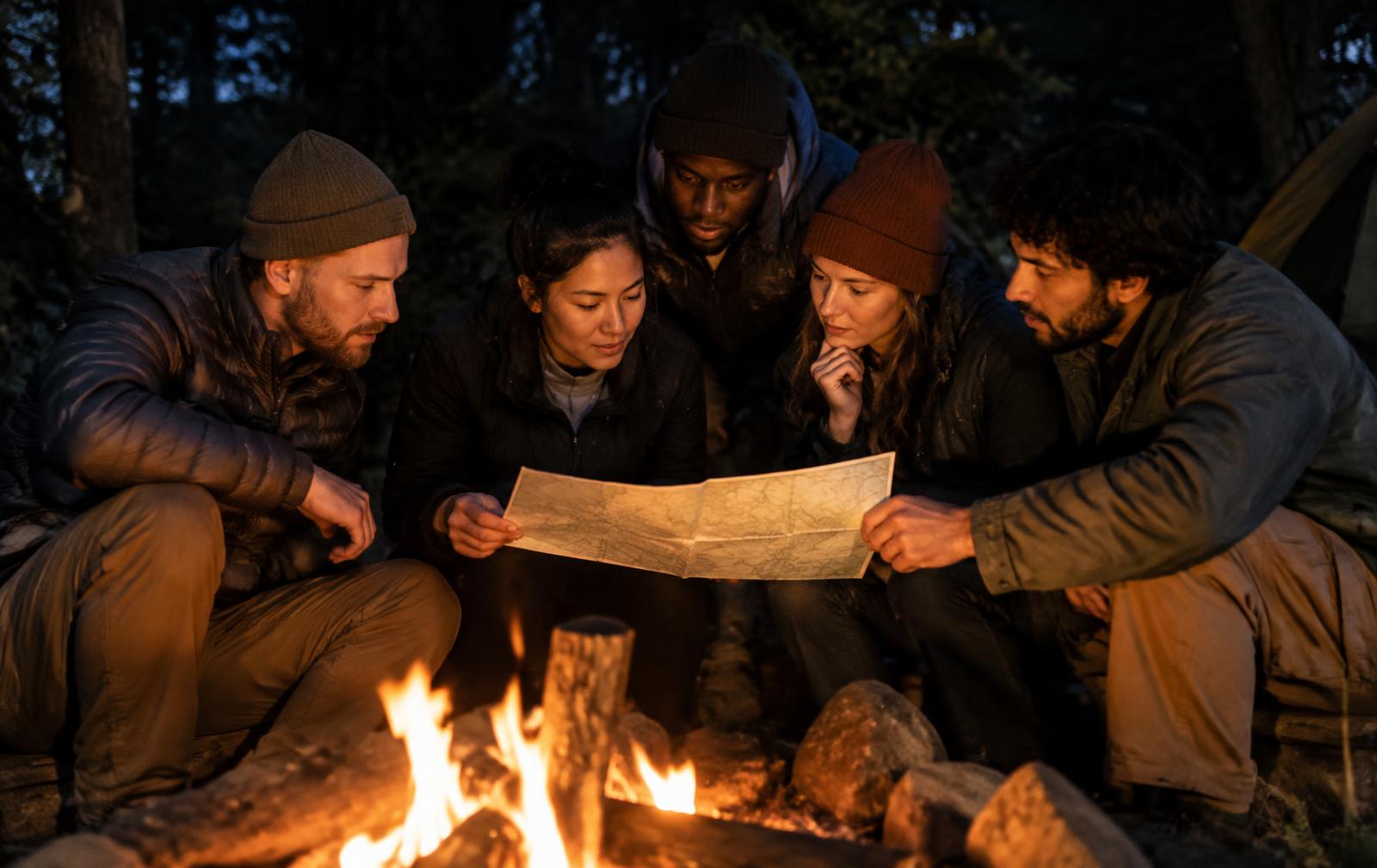 A small team around a campfire reading a map together