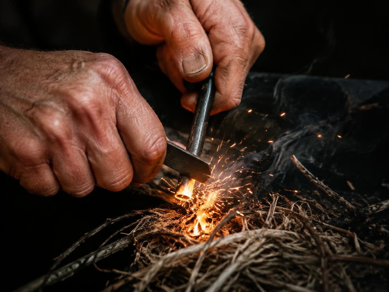 Hands striking sparks into a tinder bundle